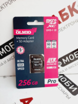 Карта памяти Olmio 256GB microSDHC V30, Class3 (U3) UHS-I, R:90MB/s, W:45MB/s с адаптером SD